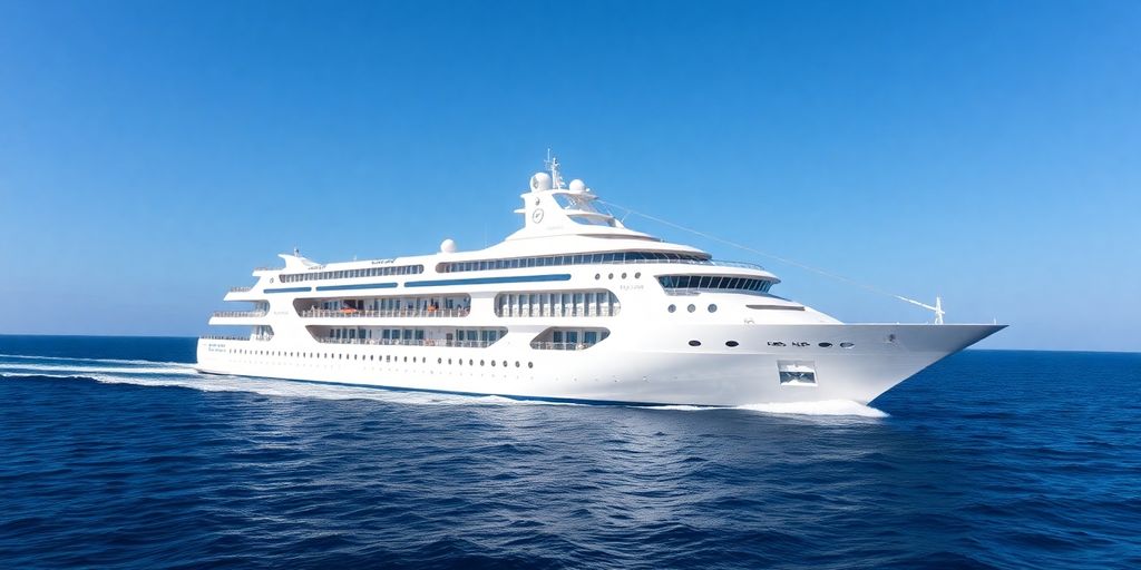 Modern LNG cruise ship sailing on blue water.