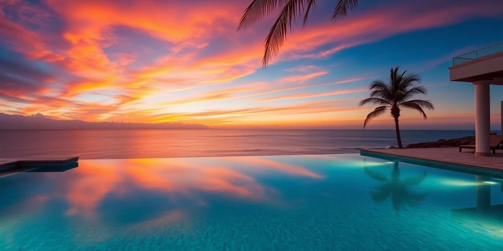 Luxury villa, infinity pool, ocean view, sunset, Cabo San Lucas.