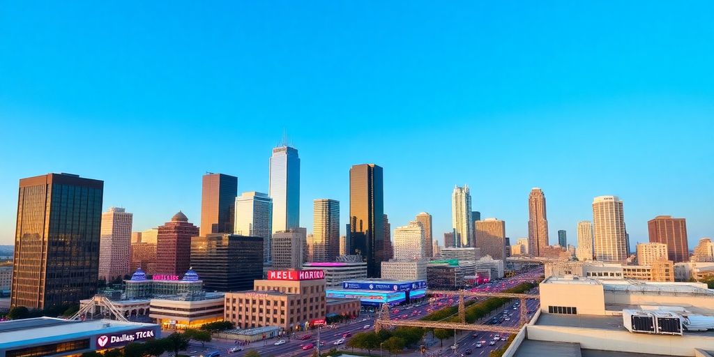 Dallas skyline featuring vibrant city lights and architecture.