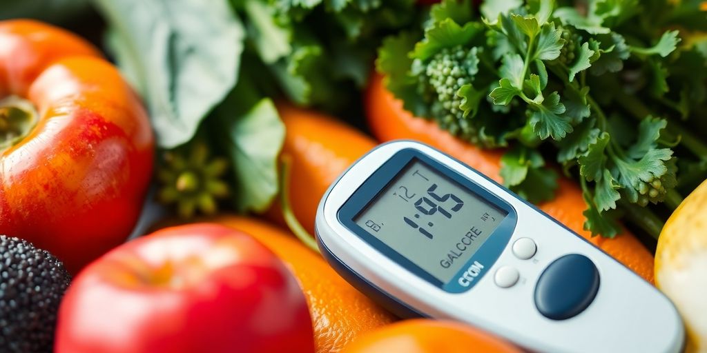 Blood glucose meter with fresh fruits and vegetables.