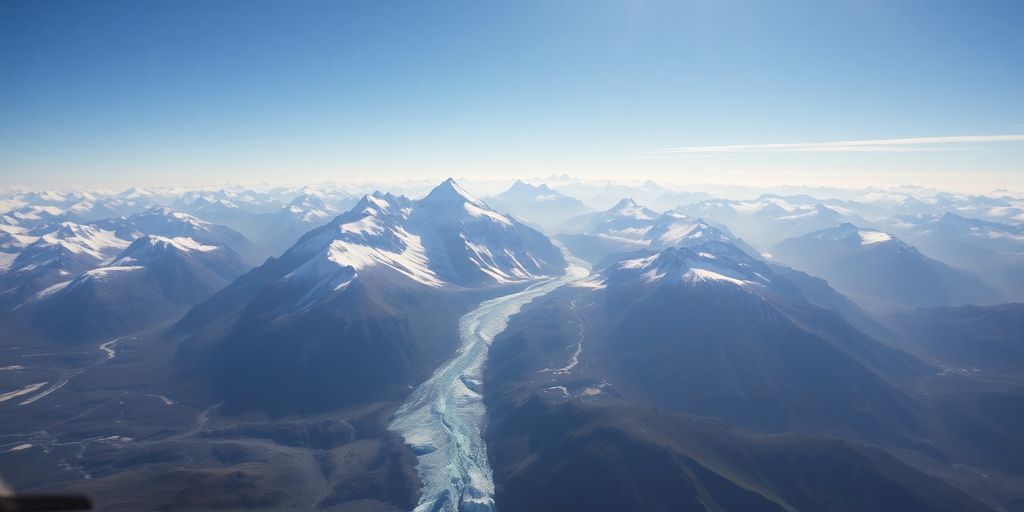 A helicopter flying over vast, snow-covered Alaskan mountains and glaciers.