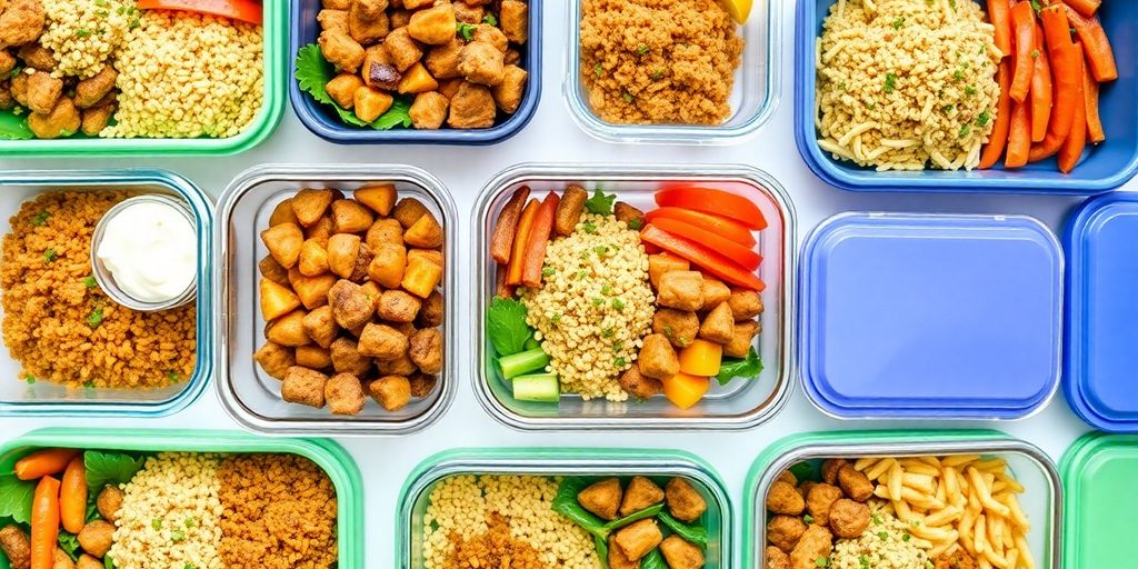Healthy meal prep containers filled with vibrant dinners.