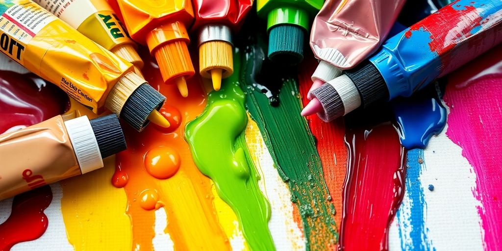 Vibrant paint colors on a canvas with brushes.