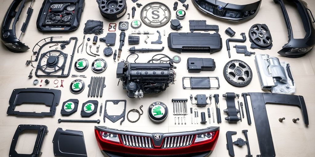 Skoda car parts arranged neatly.