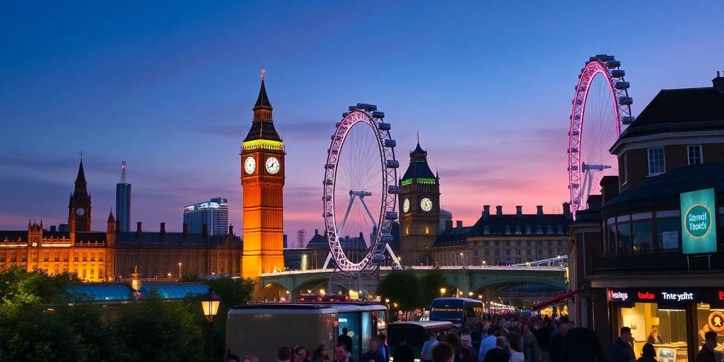 Cityscape of iconic UK landmarks at twilight.