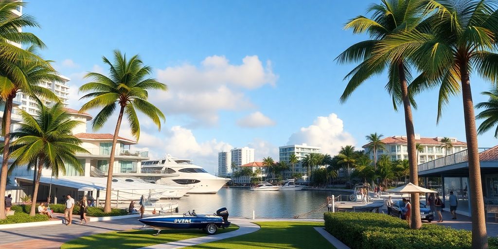 Vibrant scene in Aventura, Florida with waterfront houses.