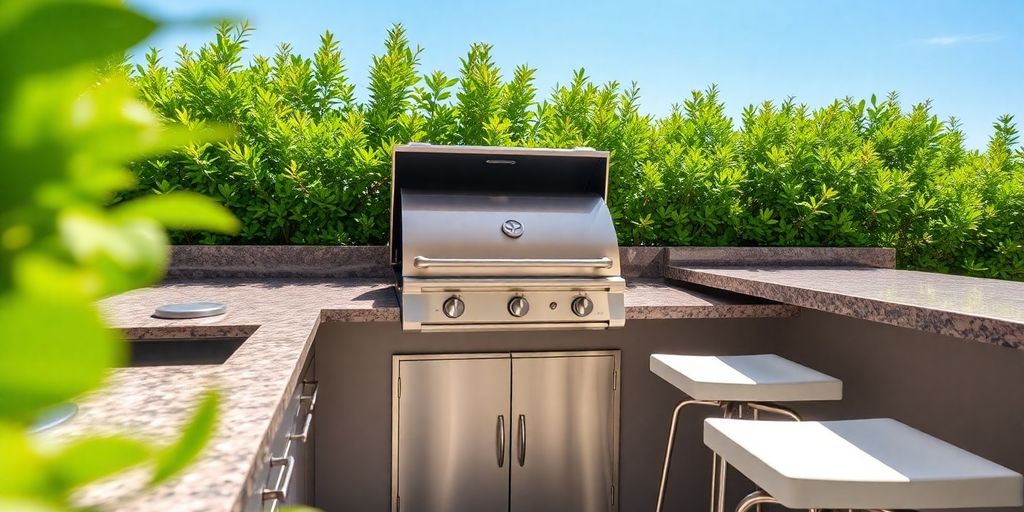 Outdoor kitchen with grill, counter, and seating.