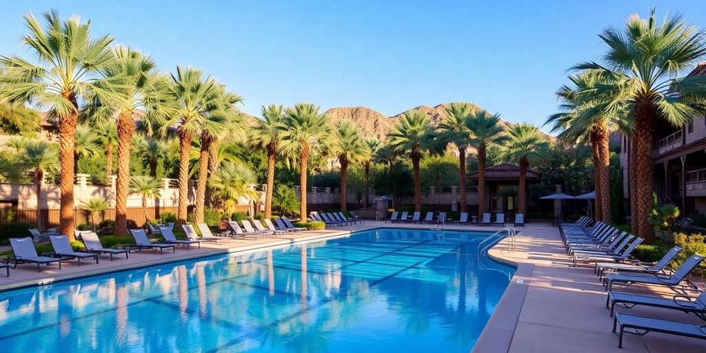 Luxurious pool area at Omni Scottsdale Resort with palm trees.