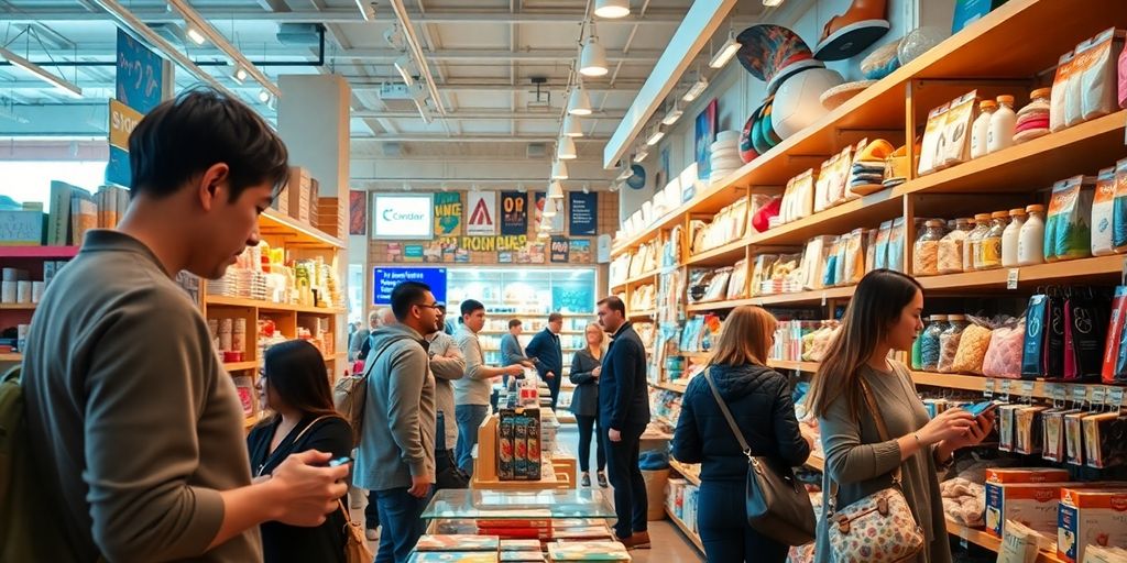 Intérieur d'un magasin avec des clients faisant leurs achats.