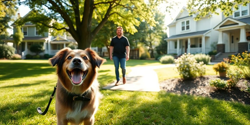 Dog and owner in a sunny park near houses.