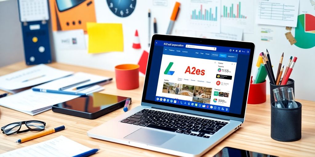 Espaço de trabalho com laptop focado em Google Ads.