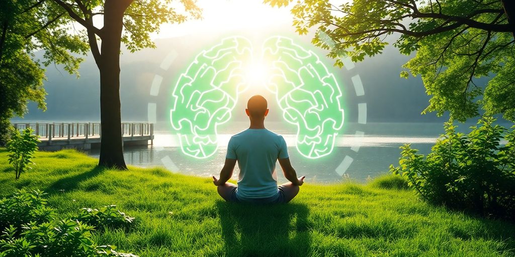 Meditative person with glowing brain wave patterns in nature.