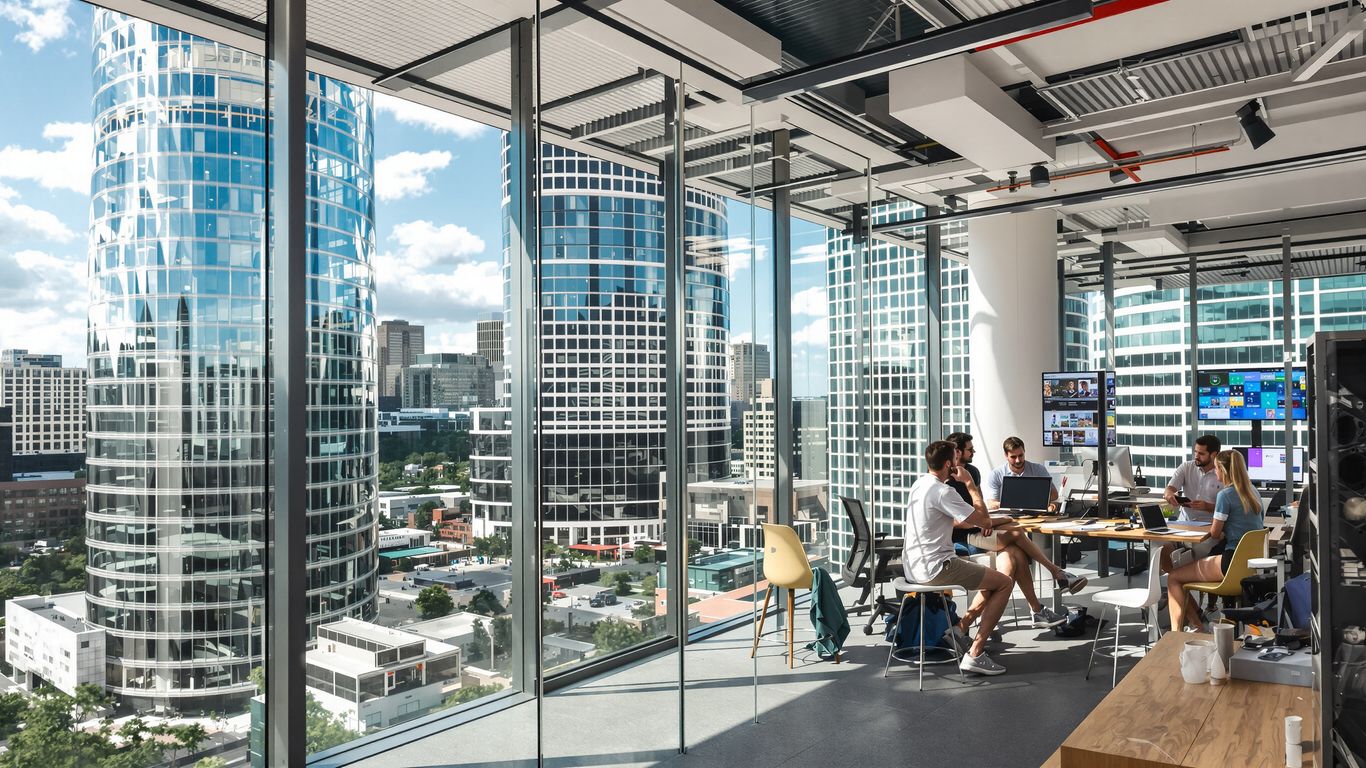 Austin tech office workers collaborating in modern city setting