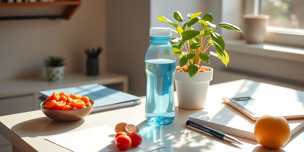 Bright desk with healthy snacks and plants.