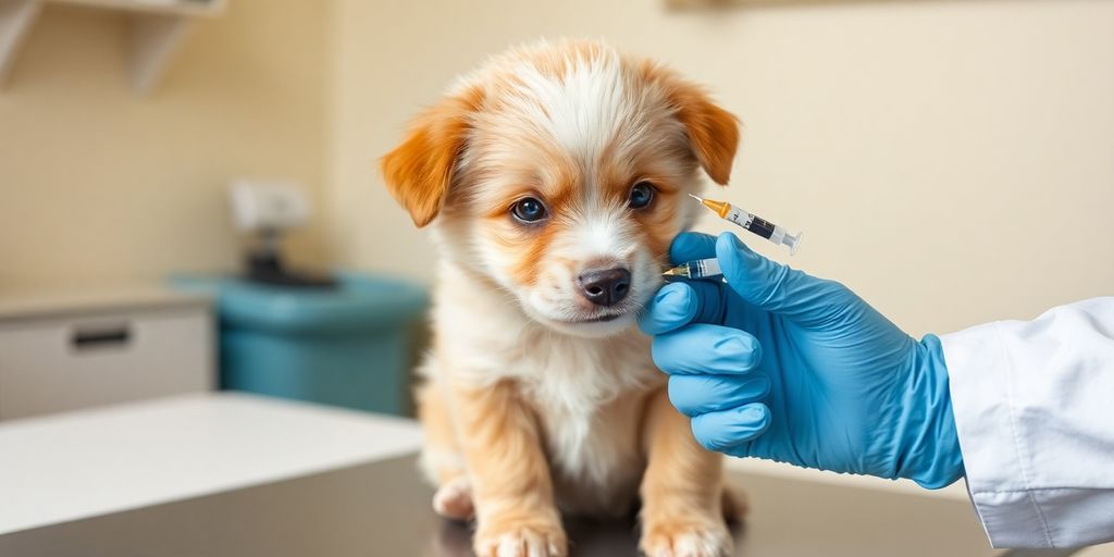 Puppy at vet receiving a vaccination.