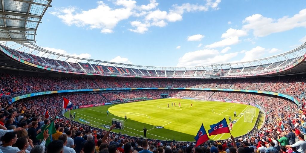 Soccer stadium with fans and players during a match.