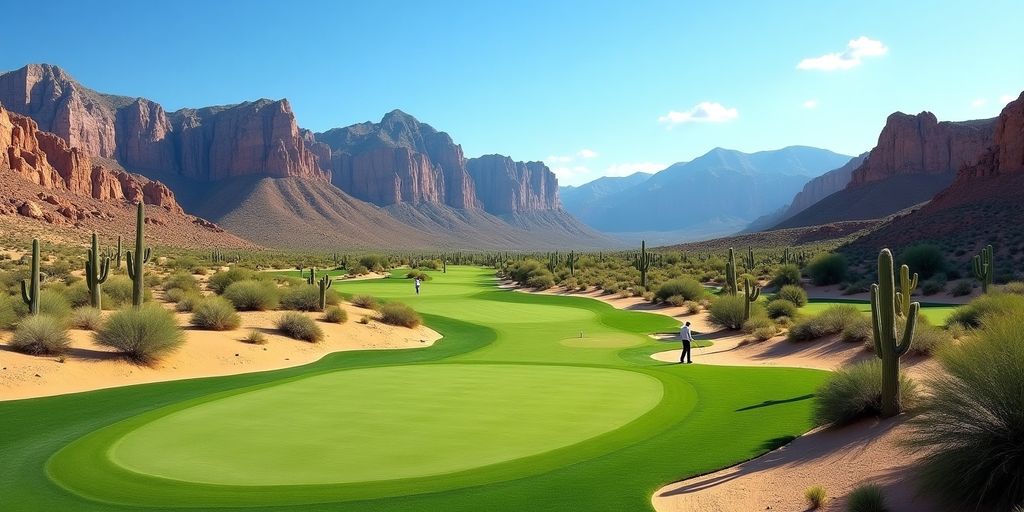 Desert golf course with mountains and clear blue sky.