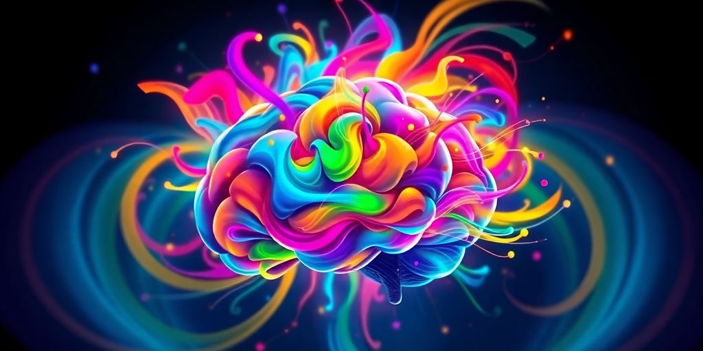 Brain with lightbulb radiating colorful energy.