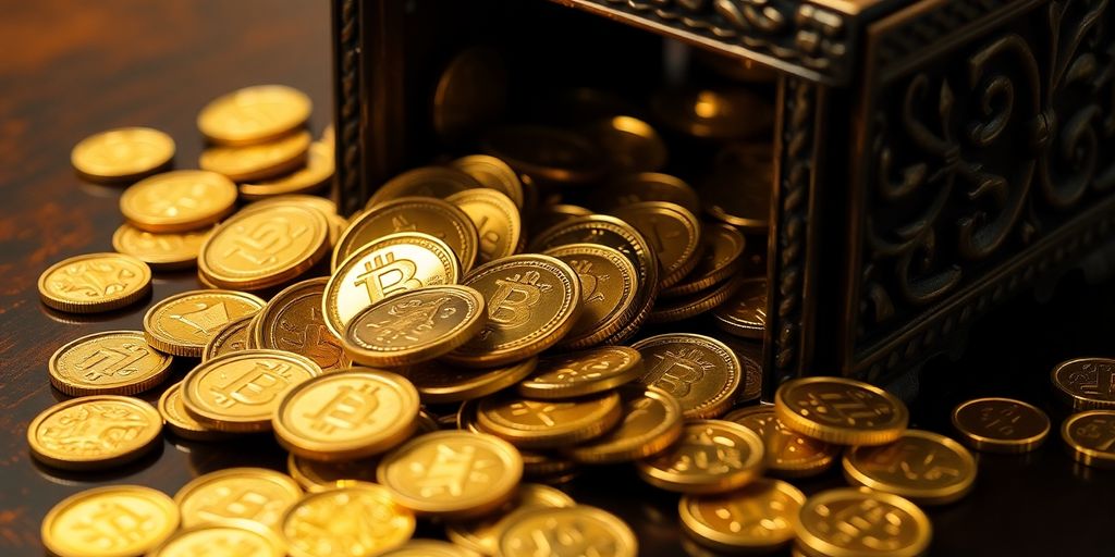 Golden coins spill from a small, elegant wooden box.