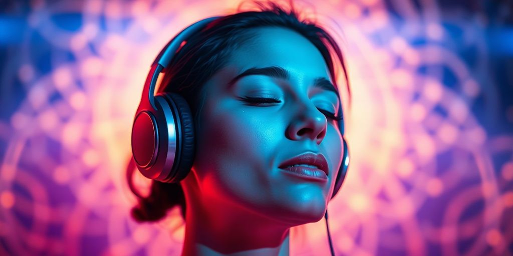 Man listening to music, futuristic headphones
