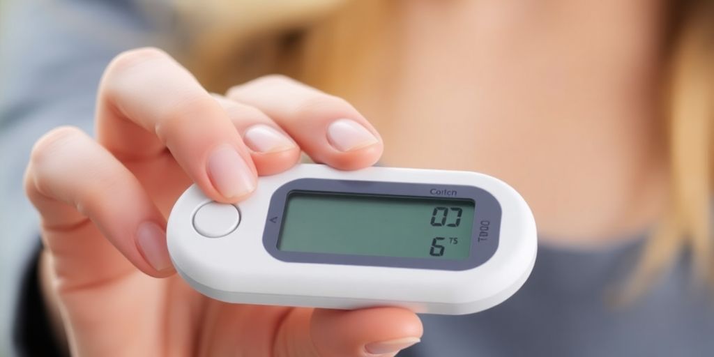 Person checking glucose levels with a sleek device.