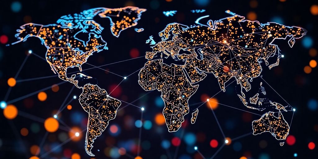 Blockchain network connecting global supply chain elements.