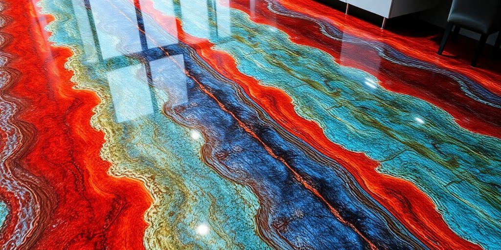 Colorful vinyl flake epoxy flooring with glossy finish.