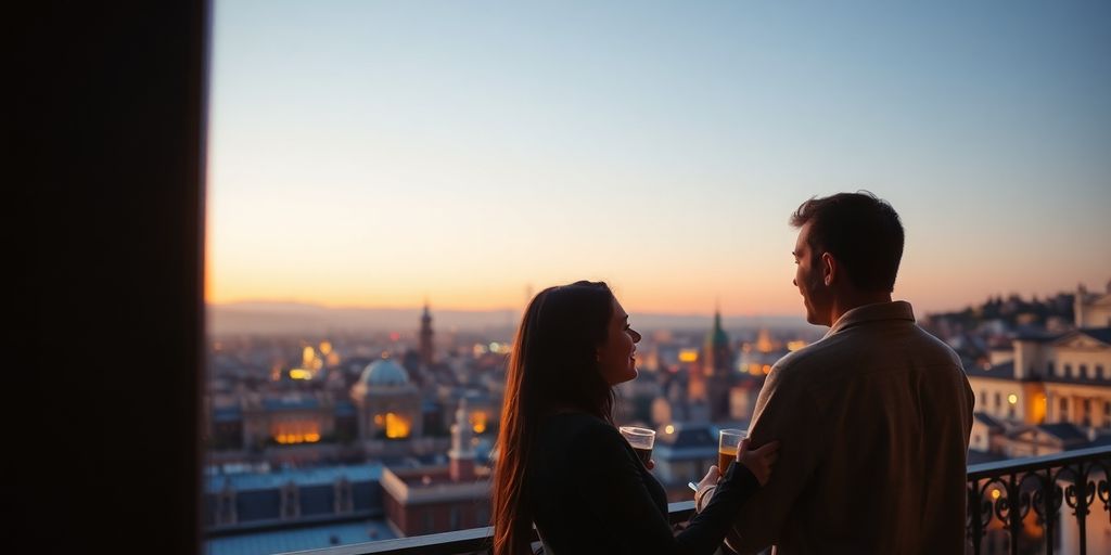 Couple enjoying a scenic view from a charming city balcony.