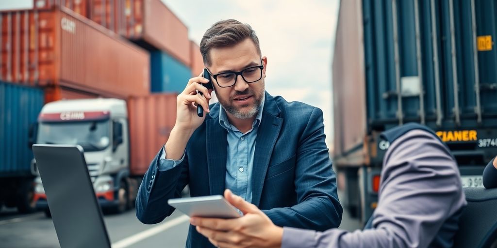 Freight broker on the phone in a logistics environment.