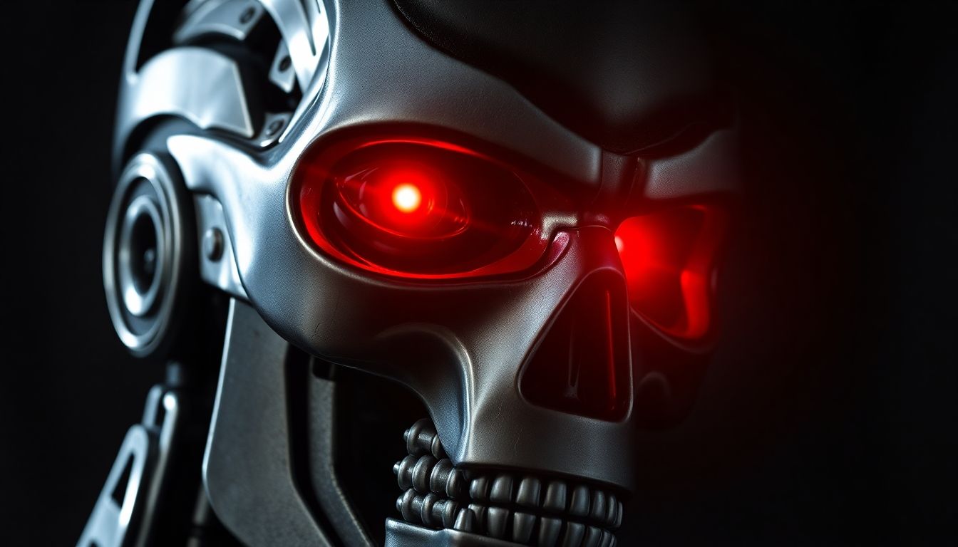 Terminator robot head with a glowing red eye.