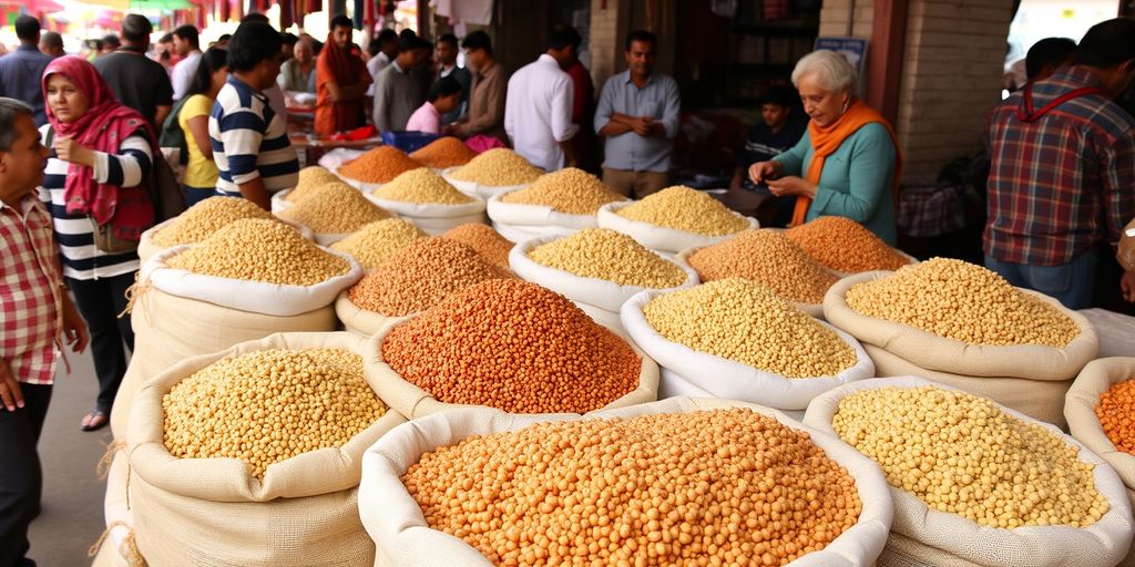 Chia seeds in sacks at a busy market.