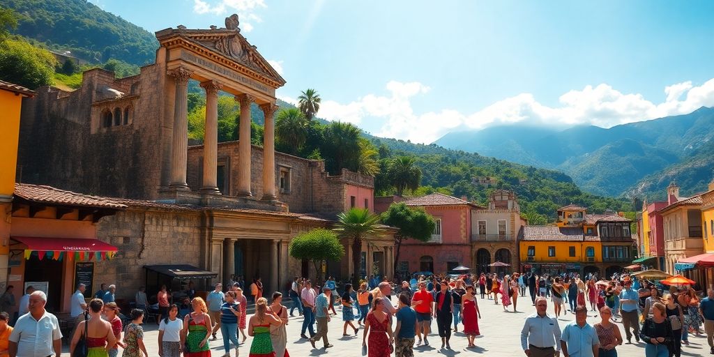 Colorful South American plaza with ancient ruins and mountains.