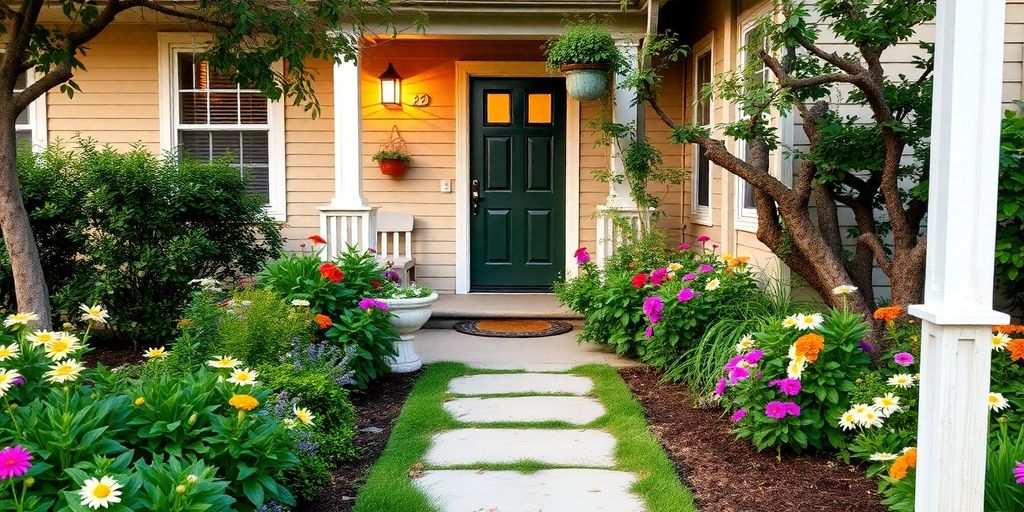 Welcoming house with a flower garden and path.