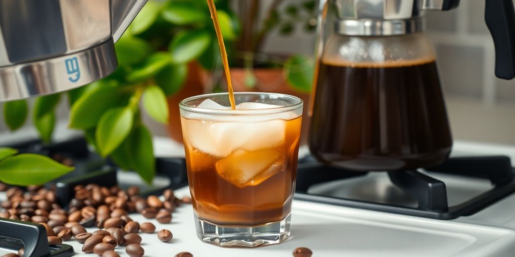 Moka pot brewing coffee with ice in a glass cup.