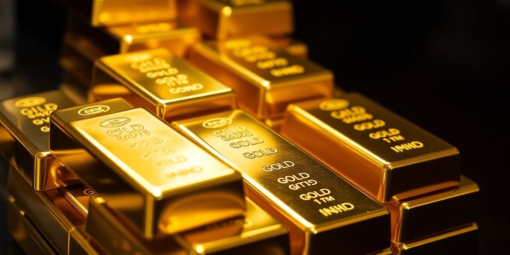 Close-up of shiny gold bars stacked together.