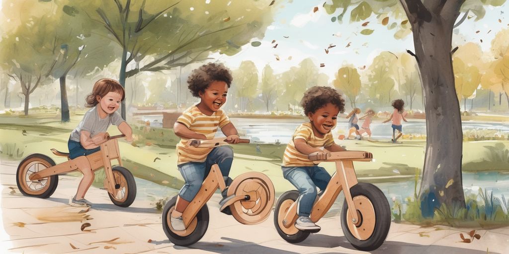 children playing with eco-friendly wooden balance bike in a park