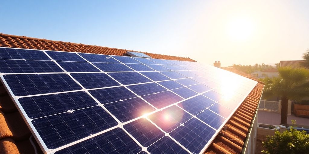 Sunlit rooftop solar panels.