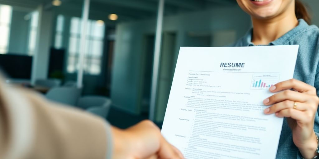 Person smiling, holding resume, shaking hands