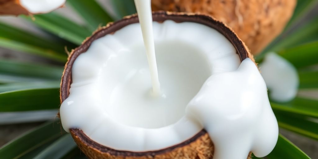 Coconut half with milk and green leaves around it.