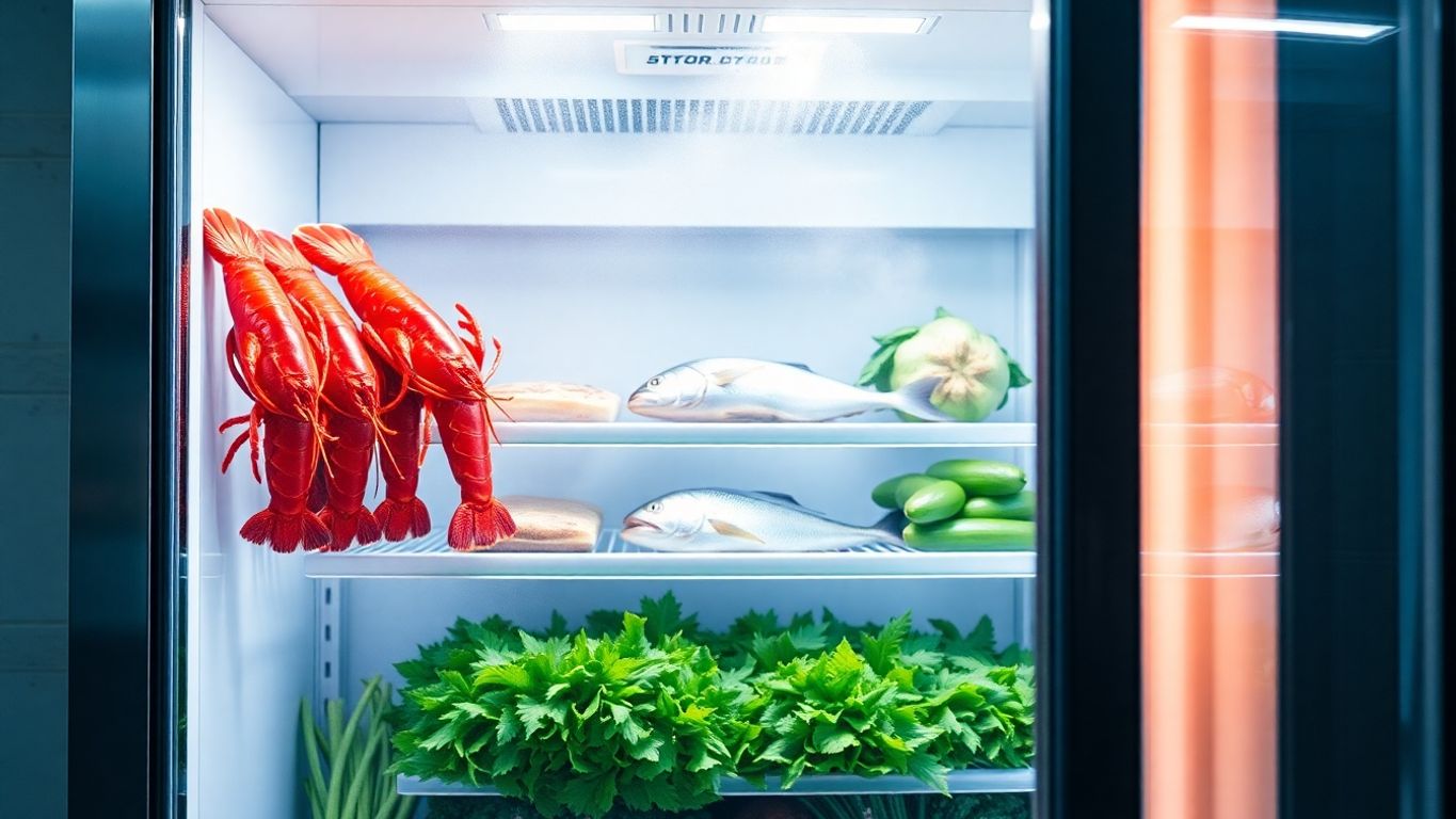 Cold storage unit with fresh seafood inside.