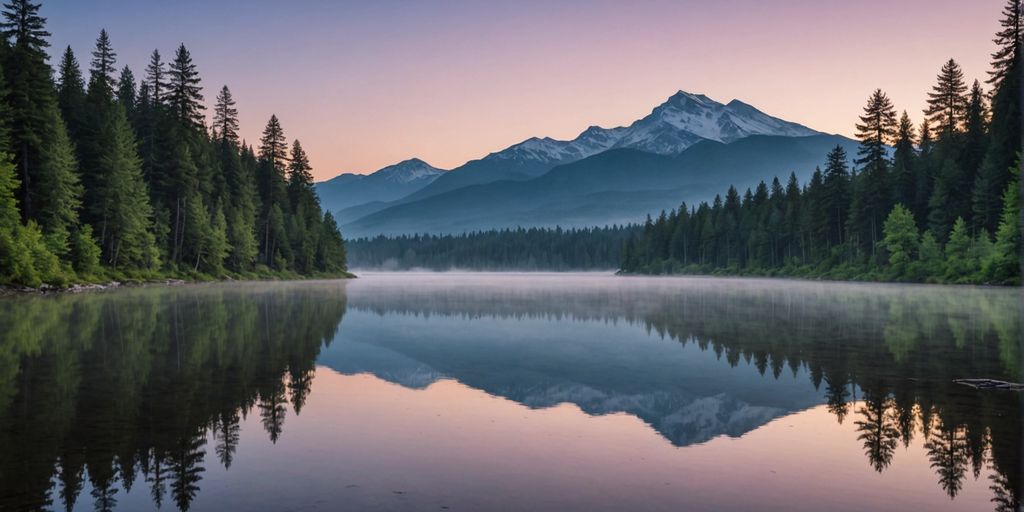 Misty forest with river and mountains