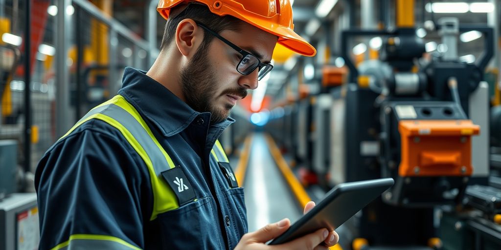Factory worker using tablet in a high-tech manufacturing setting.