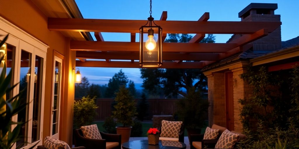 Stylish outdoor pendant lights illuminate a patio.