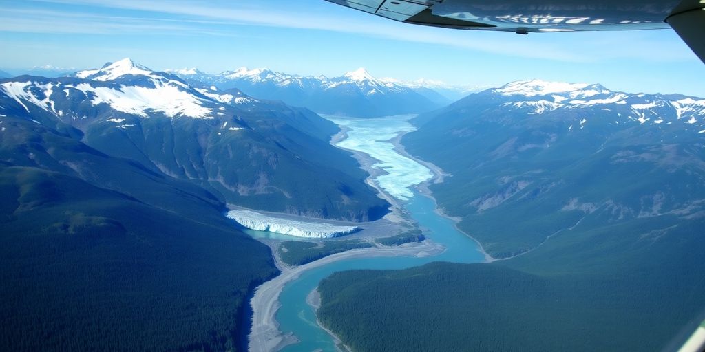 A small plane flies over Alaskan glaciers and mountains.