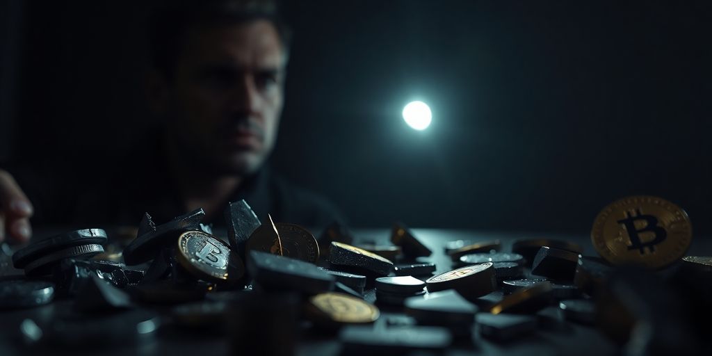 Broken digital coins, flickering market, worried investor.