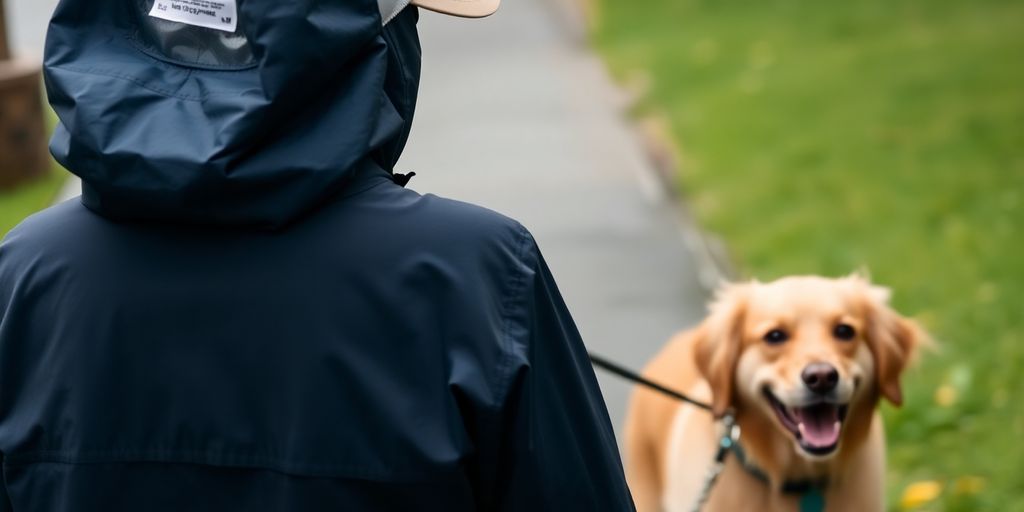 Person wearing a baseball cap, walking a dog in the rain.
