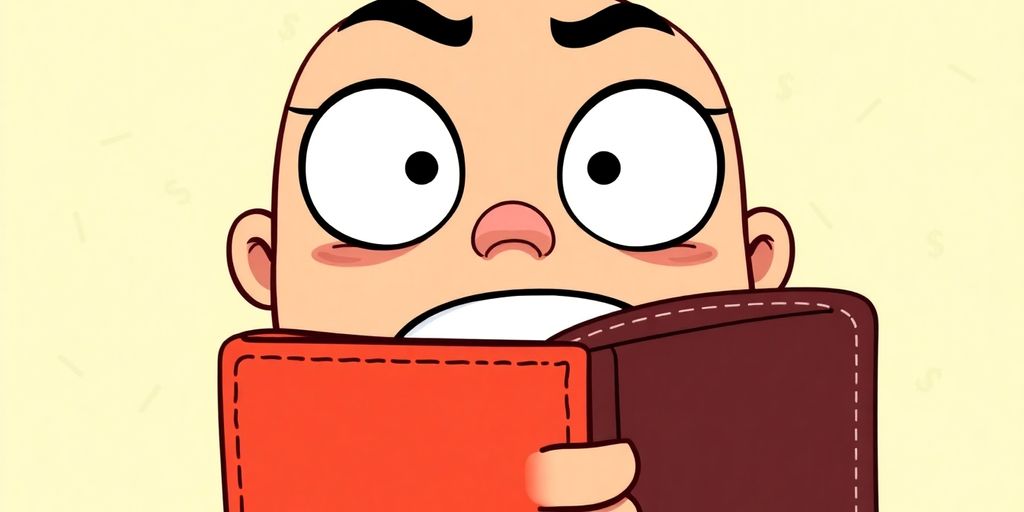 Cartoon character looking surprised at an empty wallet.