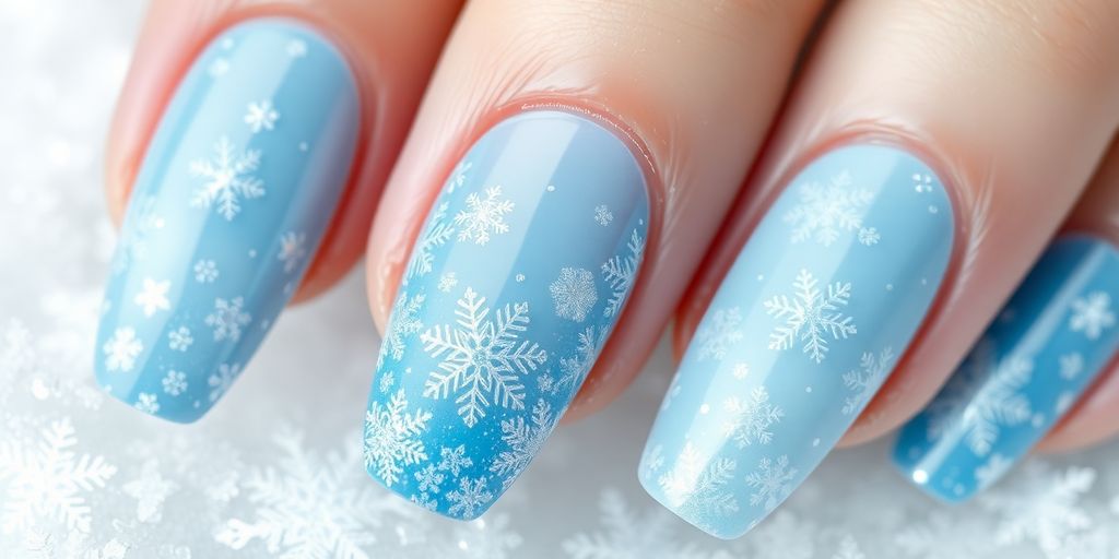 Close-up of winter-themed manicured nails with icy designs.