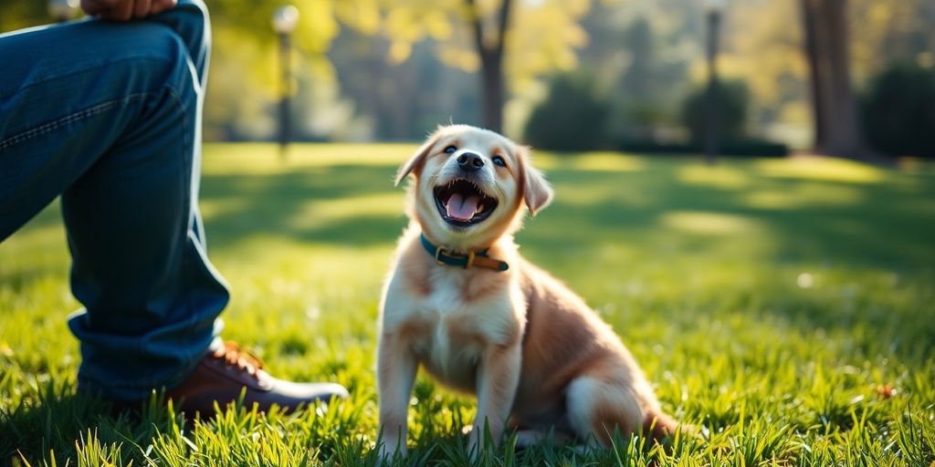 Happy puppy learning commands in a Sydney park.