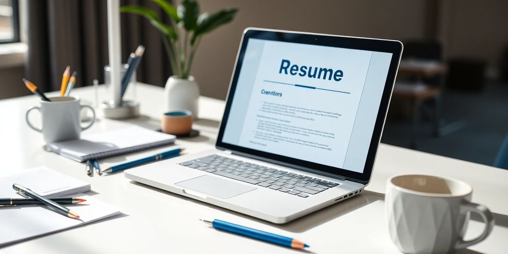 Laptop with resume and office supplies